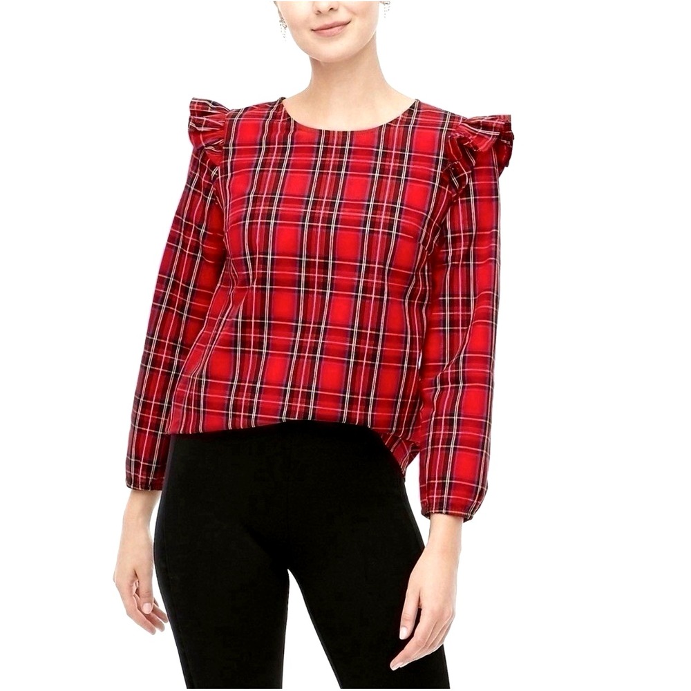 NEW! J. Crew Tartan Plaid Ruffle Trim Blouse Top Long Sleeve Red SZ XS